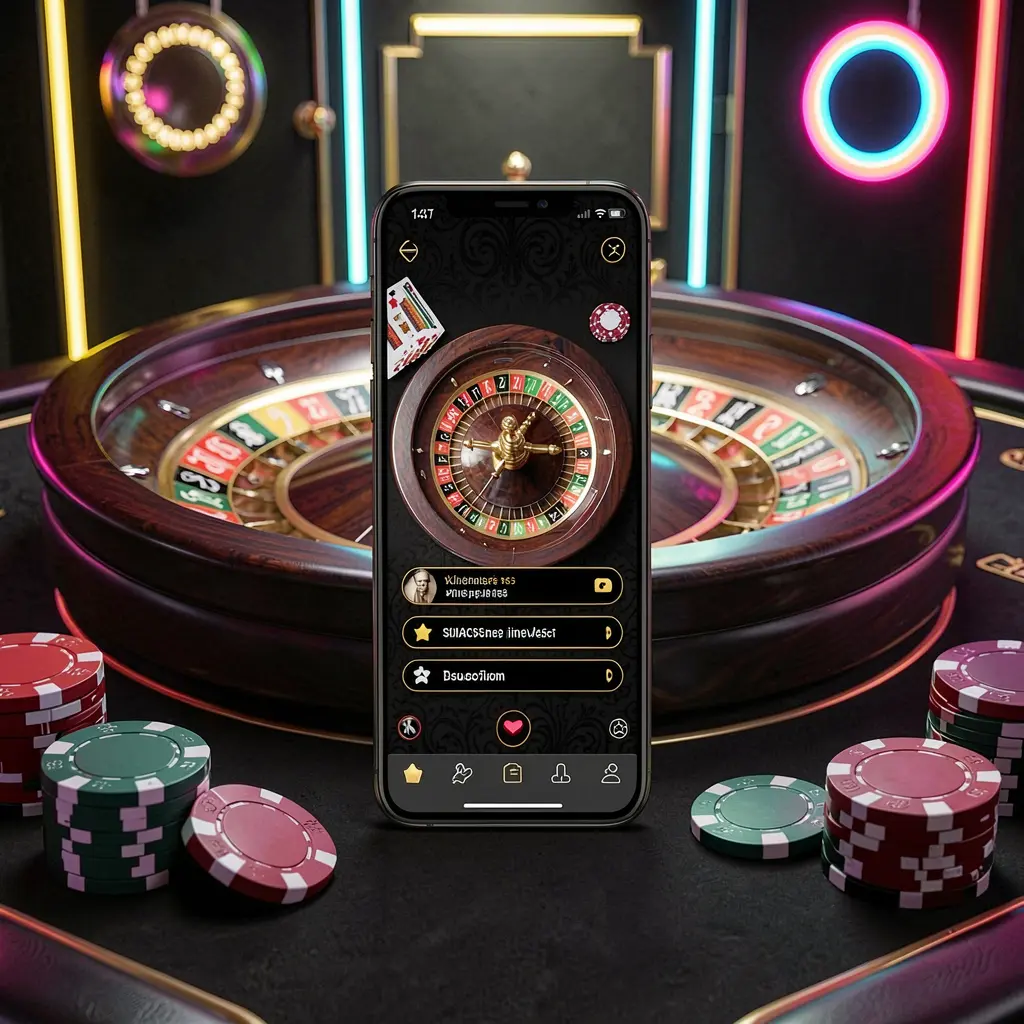 С88O mobile casino application scene featuring a phone in the center with a roulette wheel and poker chips in the background, illuminated by glowing neon lights in a premium black and gold style