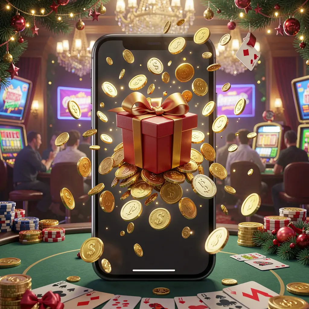 С88O mobile casino bonus app concept showing a phone screen with a gift box and coins bursting out in a festive casino atmosphere