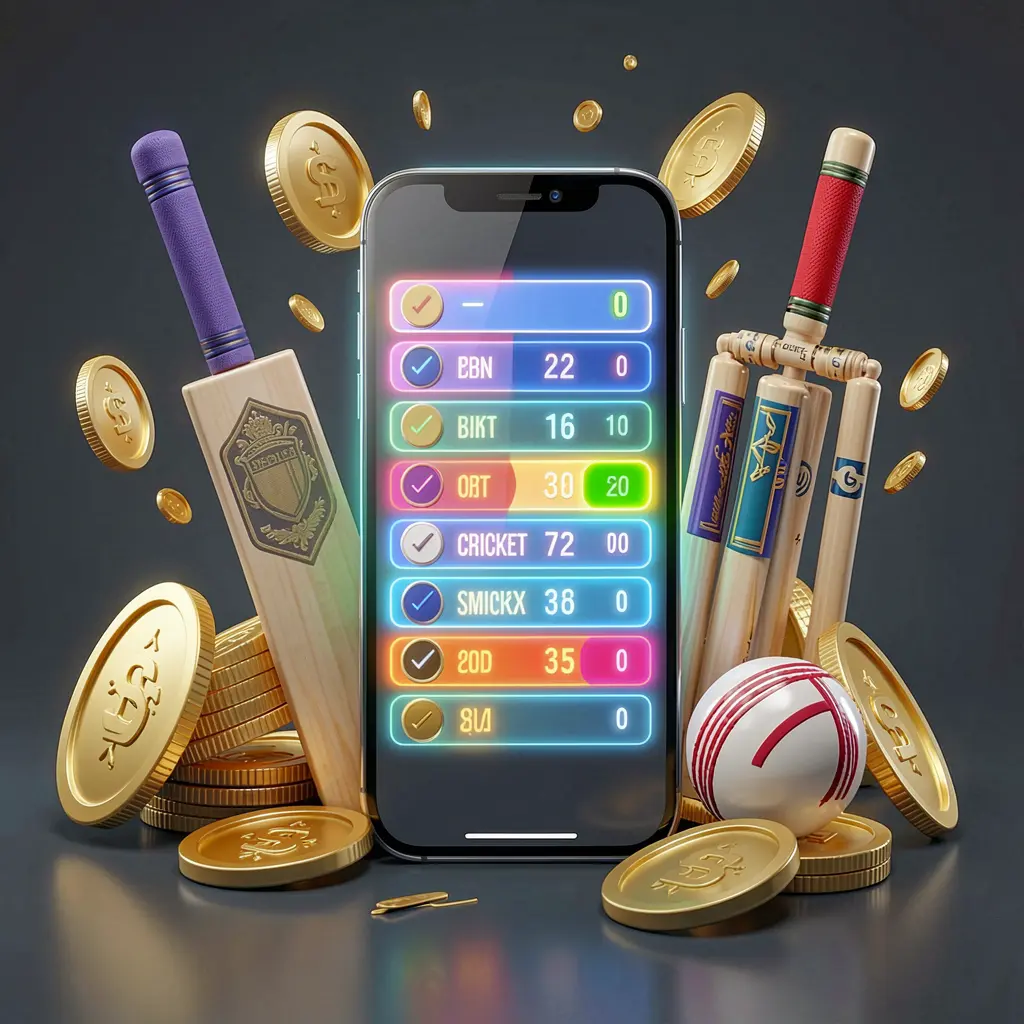 С88O modern cricket betting visual with smartphone displaying glowing cricket odds interface surrounded by cricket bat, ball, wickets, and golden coins in premium 3D illustration