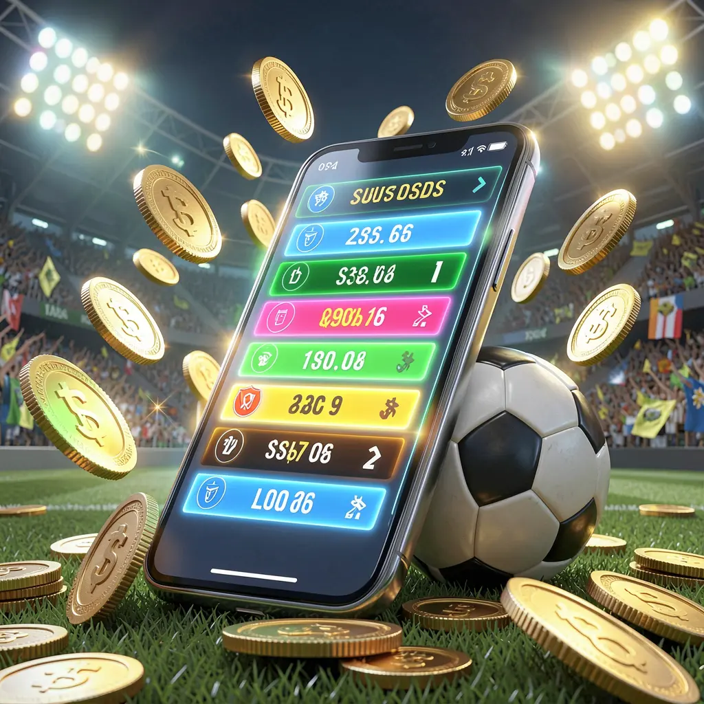С88O modern football betting visual featuring a smartphone displaying glowing sports odds interface with a soccer ball, golden coins, and stadium lights in a premium 3D illustration