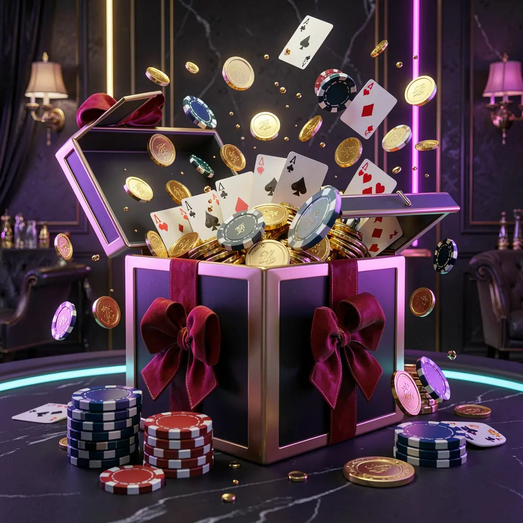 С88O online casino bonus gift box exploding with golden coins, poker chips, and playing cards on a dark luxury background with glowing neon accents