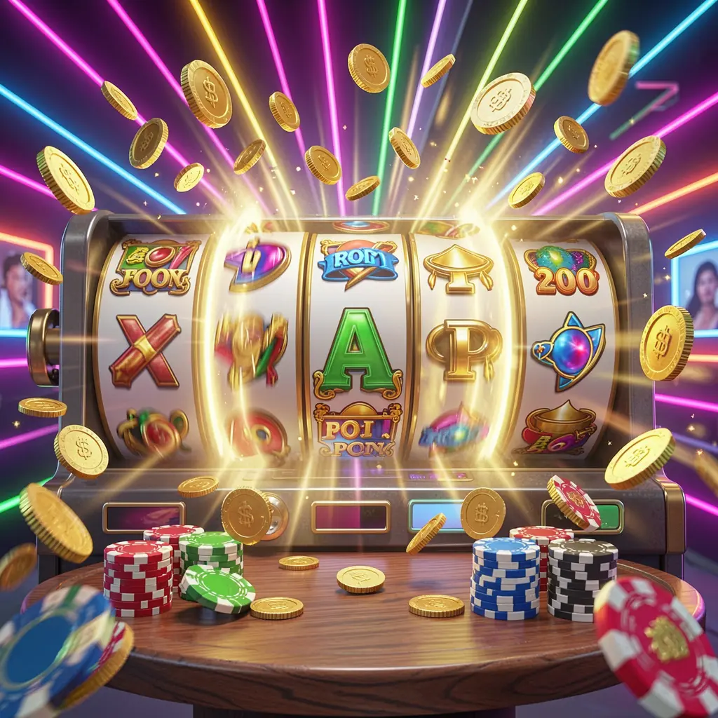 С88O online casino free spins bonus concept featuring colorful slot machine reels spinning with golden light effects, coins flying around, jackpot symbols, and casino chips on a vibrant neon background in a dynamic 3D render