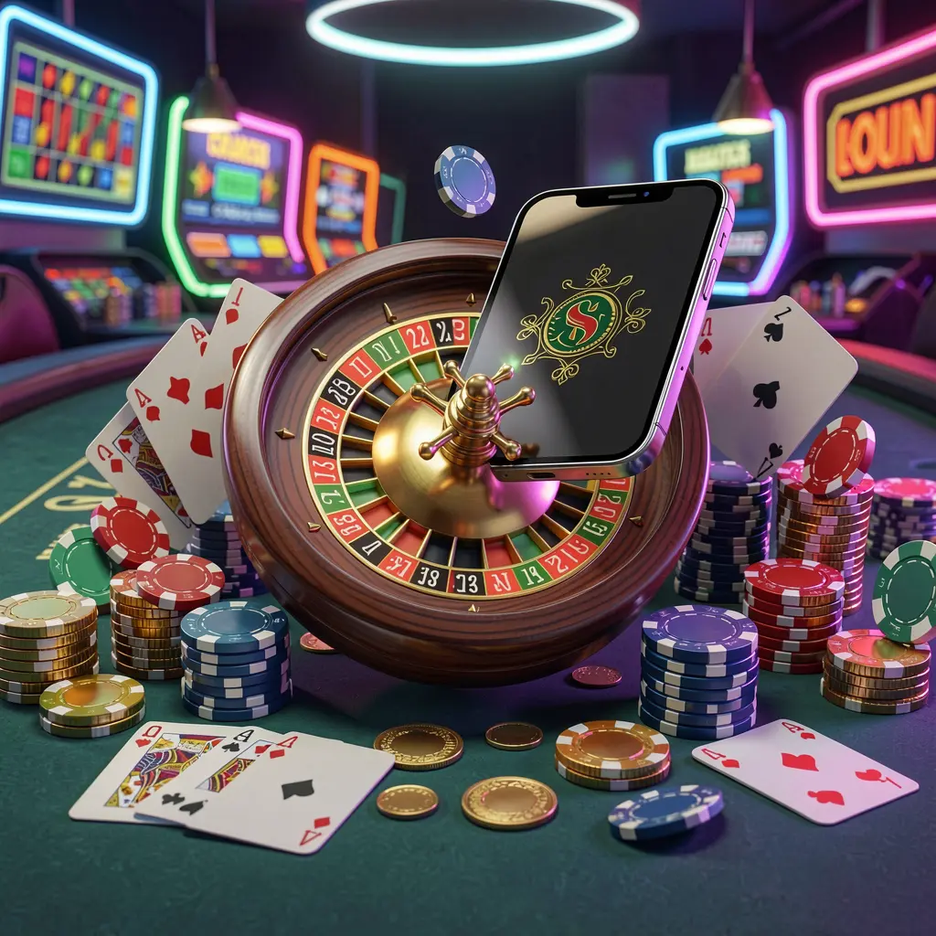 С88O mobile casino experience showing a smartphone surrounded by a roulette wheel, chips, cards, and coins in a bright neon casino atmosphere
