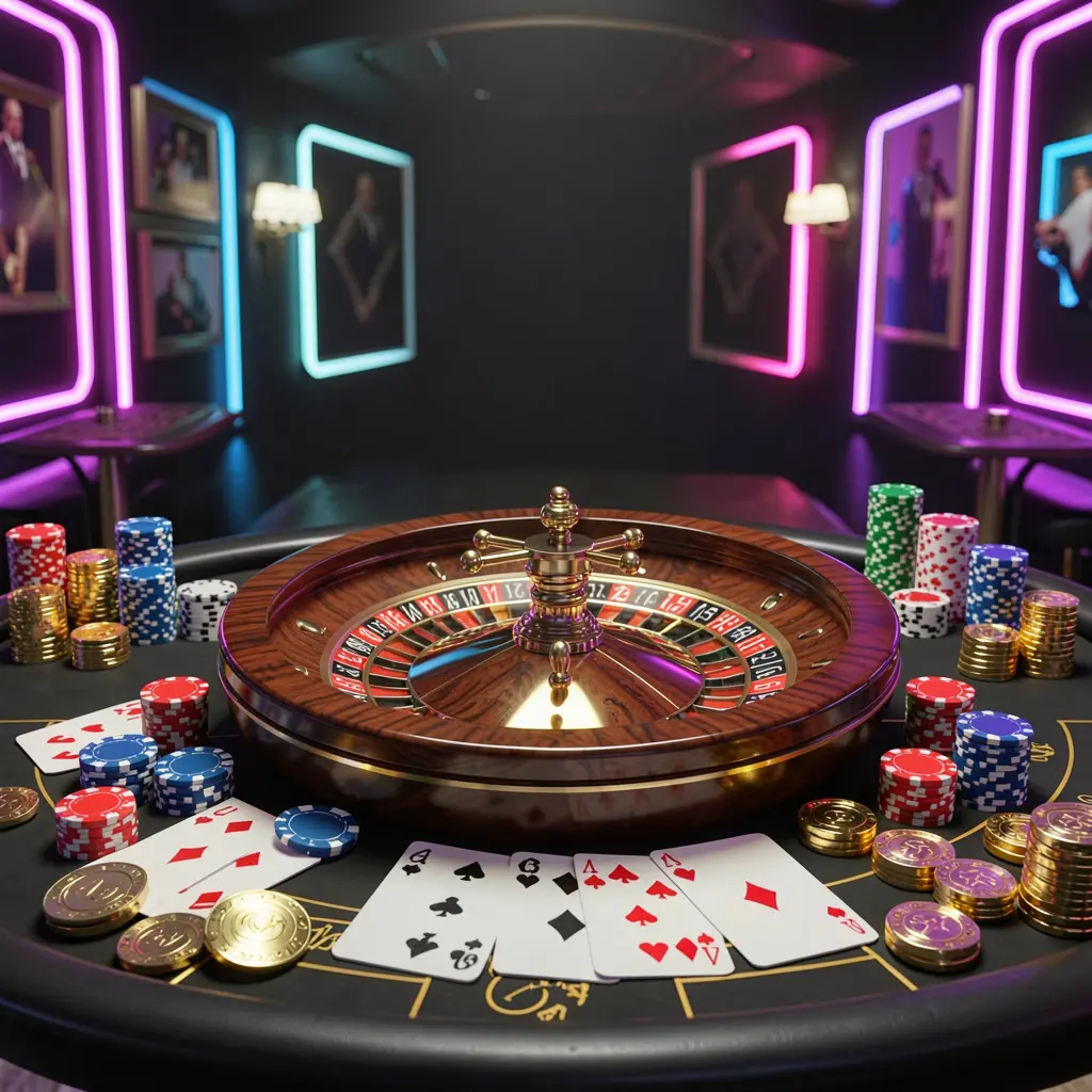 Luxury online casino table with roulette wheel, poker chips, playing cards, and golden coins on a dark premium background with neon glow, showcasing С88O's cinematic 3D render for their homepage hero banner